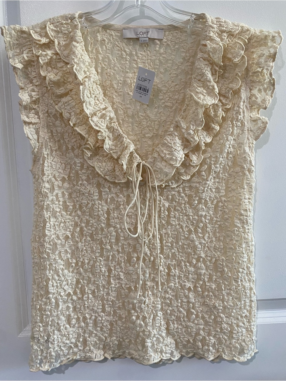 LOFT Cream Ruffle Tie-Front Textured Blouse